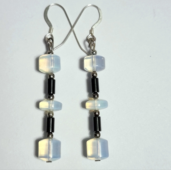 Silver Opalite Hematite earrings 2.25" - Picture 7 of 9